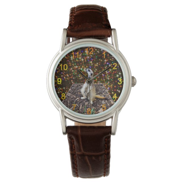 Meerkat Twinkle Stars, Dam Leather Wristwatch Armbandsur (Framsida)