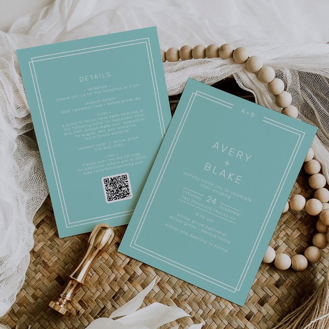 MEERY Minimalist Mint Grönt Ram QR-koden Bröllop Inbjudningar (AVERY Minimalist Mint Green Frame QR Code Wedding Invitation)
