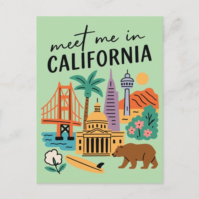 Meet Me In California Golden Gate Bear Retro Vykort (Framsida)