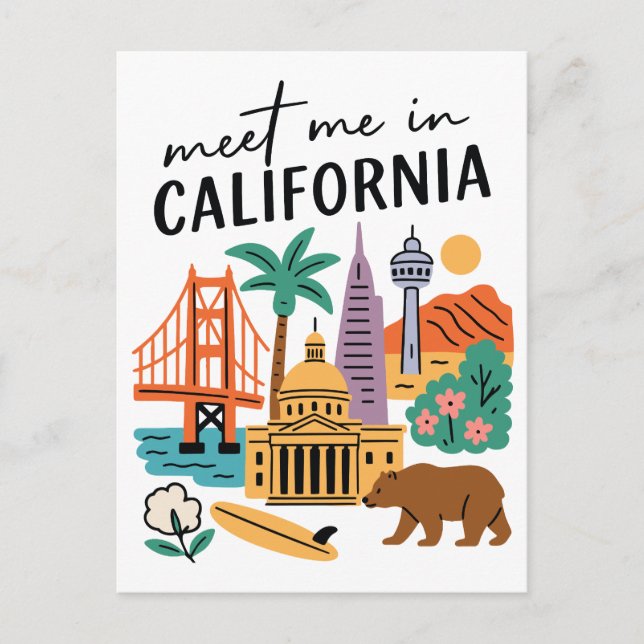 Meet Me In California Golden Gate Bear Surf Vykort (Framsida)