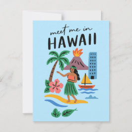 Meet Me In Hawaii Retro Hula Dancer Beach Vykort