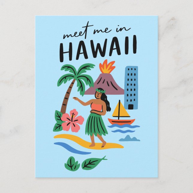 Meet Me In Hawaii Retro Hula Dancer Beach Vykort (Framsida)