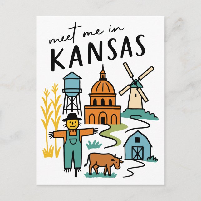Meet Me In Kansas Retro Farm Scarecrow Windmill Vykort (Framsida)