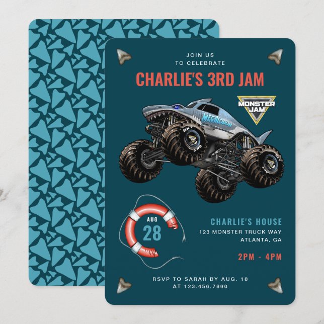 Megalodon Monster Jam Haj Födelsedagsfirande Inbjudningar (Fram/baksida)