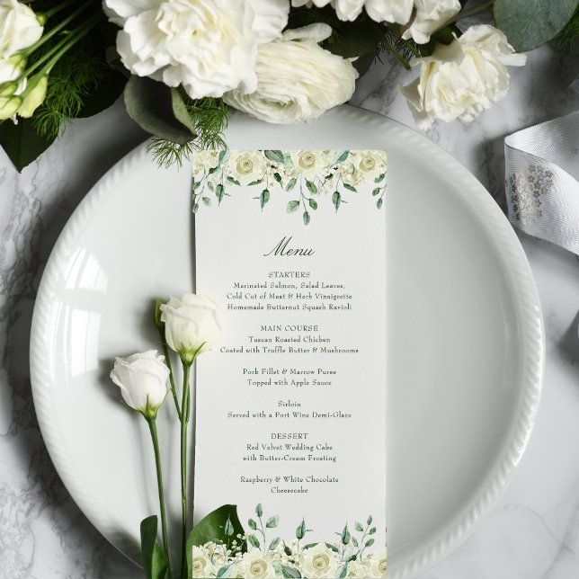 Megan Elegant White Flowers Greenery Bröllop Meny (The elegant Megan wedding menu is perfect for a wedding in any season with its neutral color palette)