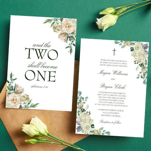 Megan Vit ros Greenery Christian Bröllop Inbjudningar (Elegant Megan Christian Wedding Invitation with white watercolor flowers and botanical greenery)