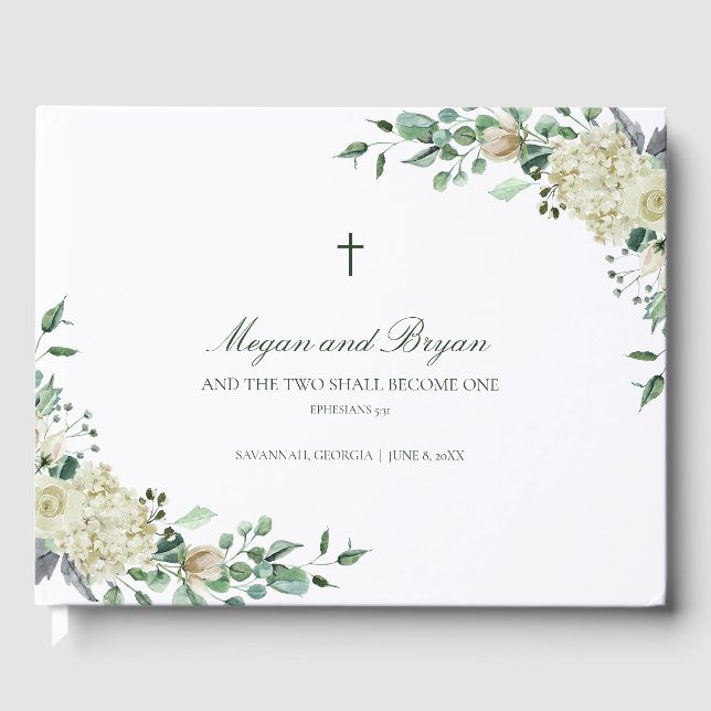 Megan White Blommigt & Greenery Catholic Bröllop Gästböcker (Framsida)