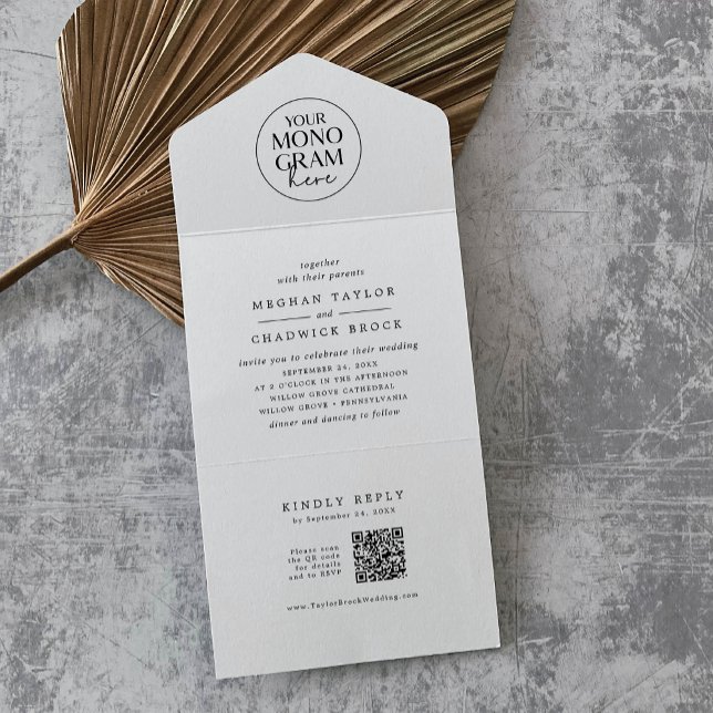 MEGHAN Black White QR Code Monogram Modern Bröllop (MEGHAN Black White QR Code Monogram Modern Wedding All In One Invitation)