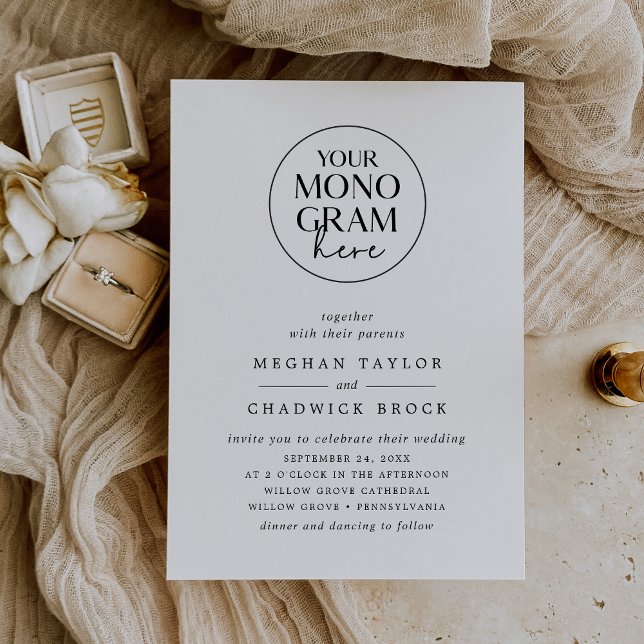 MEGHAN Elegant Vapensköld Monogram Black White Brö Inbjudningar (MEGHAN Elegant Crest Monogram Black White Wedding Invitation)
