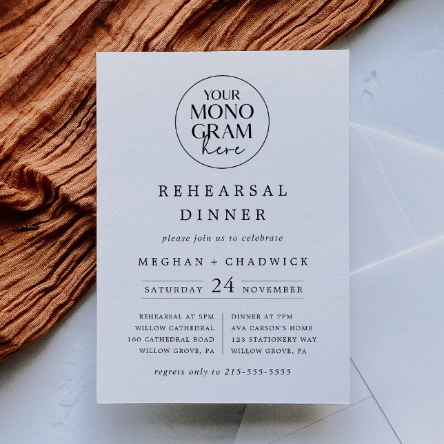 MEGHAN Monogram Black White Boho Rehearsal Middag Inbjudningar (MEGHAN Monogram Black White Boho Rehearsal Dinner Invitation)