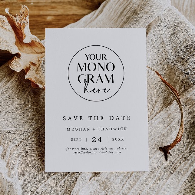 MEGHAN Monogram Black White Modern Elegant bröllop Spara Datumet (MEGHAN Monogram Black White Modern Elegant Wedding Save The Date)