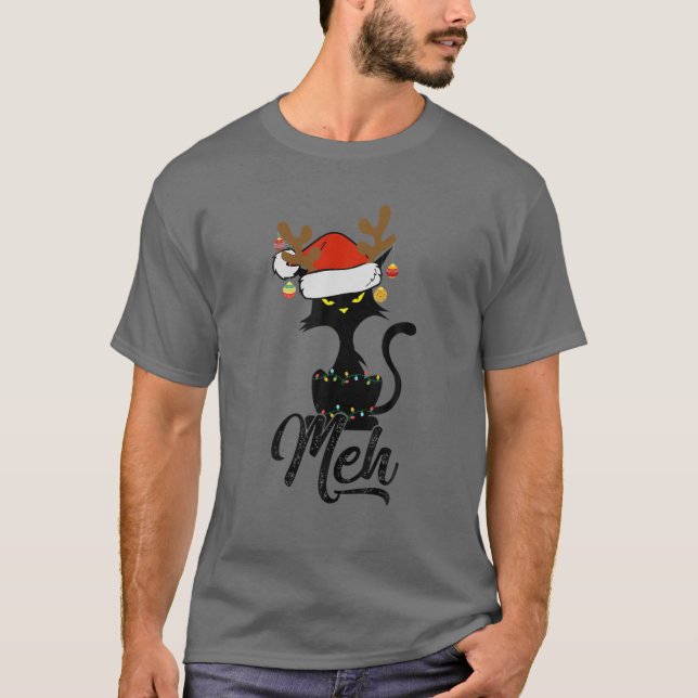 Meh Black Cat Christmas, Funny Anti Christmas Cat T Shirt (Framsida)