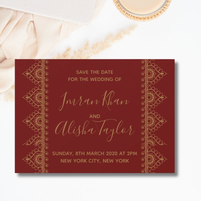 Mehendi Indian Bröllop spara datum hamsa Henna Datumet (Mehendi Indian Muslim Wedding Save the date invitation hamsa Henna elegant filigree
)