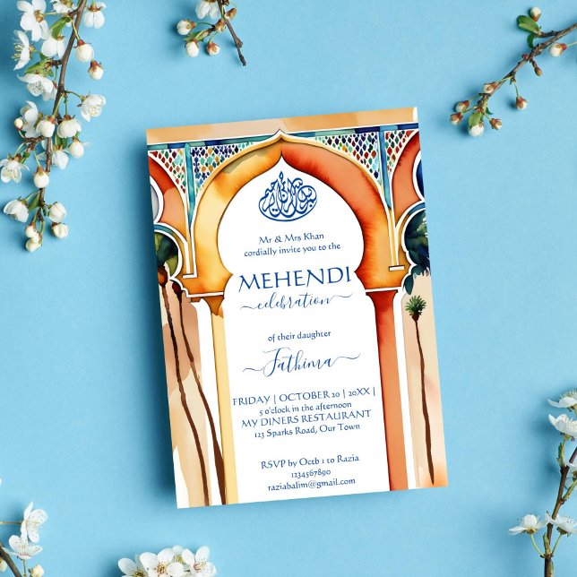 Mehendi islamsk Marocko arabisk stil valv Inbjudningar (Mehndi Islamic template invitation instant download Morocco Arabian style arch modern watercolor)