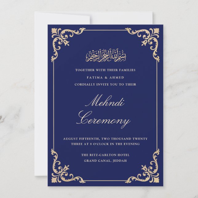 Mehndi Blue Islamic Muslim Bröllop Inbjudningar (Framsida)