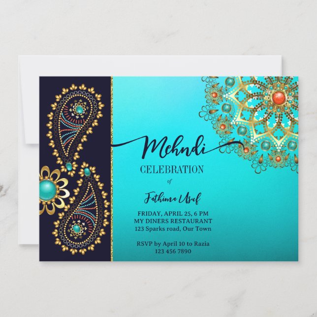Mehndi blue teal guld jewelry paisley inbjudan (Framsida)