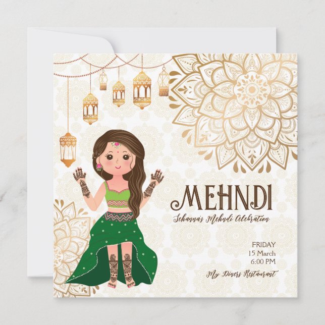 Mehndi budget inbjudan med söt indianbrud (Framsida)