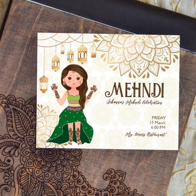 Mehndi budget inbjudan med söt indisk henna brud (Skapare uppladdad)