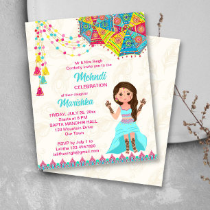 Mehndi budget inbjudan rosa blue gullig indisk fli