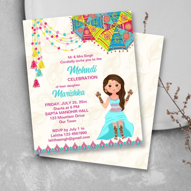 Mehndi budget inbjudan rosa blue gullig indisk fli (Mehndi budget invitation template cute Indian bride cartoon character umbrellas decor)