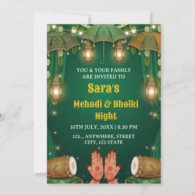  Mehndi & Dholki Night Ceremony Invitation Inbjudningar (Framsida)