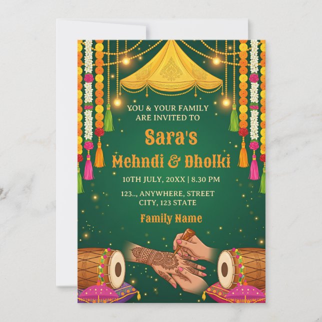 Mehndi & Dholki Night Invitation Template Inbjudningar (Framsida)