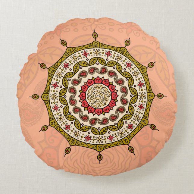 Mehndi Fantasy Guld Round Pillow Rund Kudde (Framsidan)