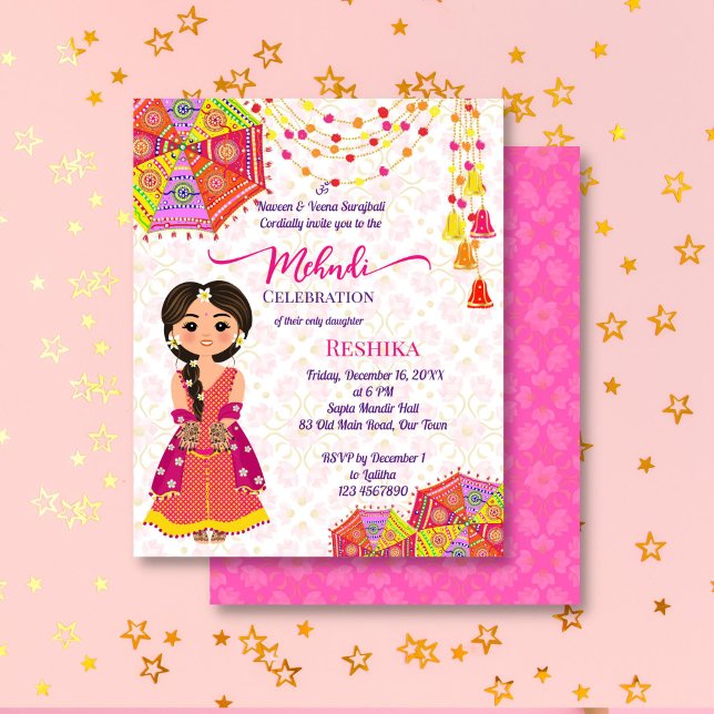 Mehndi gulliga indiska bridparaplyer budget inbjud (Mehndi budget invitation template with a cute henna bride cartoon colorful umbrellas decorations)
