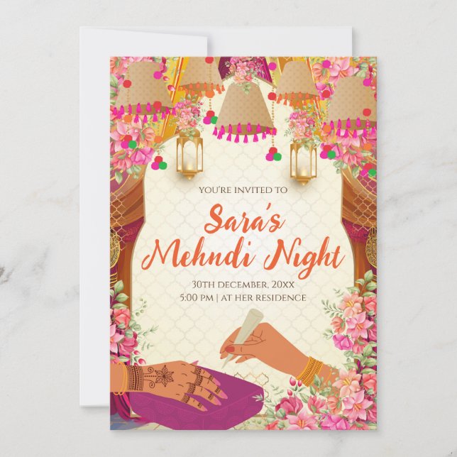 Mehndi-inbjudan & Digital Mehndi-inbjudan Inbjudningar (Framsida)