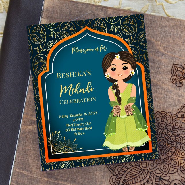 Mehndi Indian Arabian design teal budget inbjudan (Skapare uppladdad)