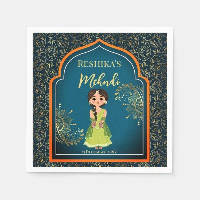 Mehndi Indian Arabian mönster design teal grönt Pappersservett (Framsidan)