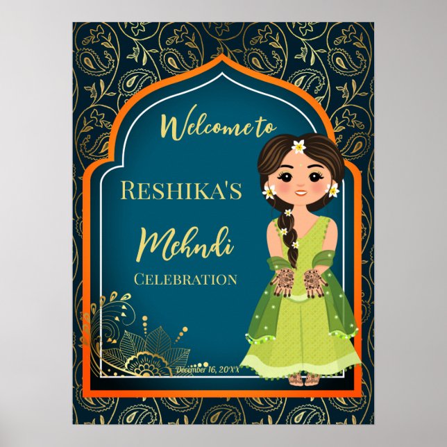 Mehndi Indian Arabian mönster design teal grönt Poster (Framsidan)