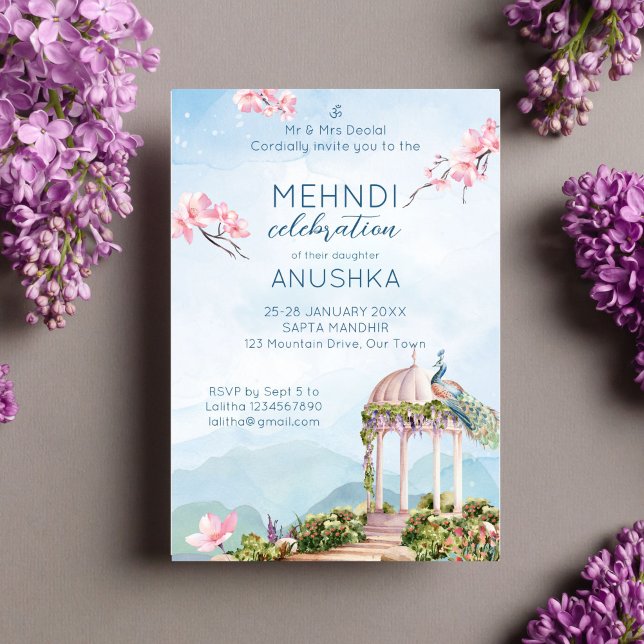 Mehndi Indian bröllop (blått) Inbjudningar (Mehndi Indian wedding template invitation instant digital download peacock dusty blue pink blooms)
