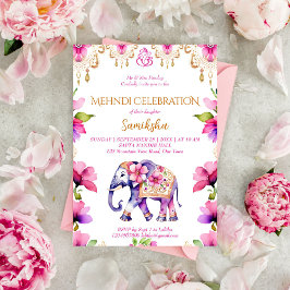 Mehndi Indian bröllop elefant rosa guld blommor Inbjudningar