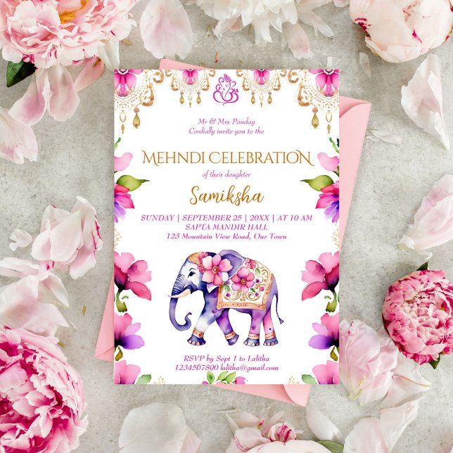 Mehndi Indian bröllop elefant rosa guld blommor Inbjudningar (Mehndi Indian wedding elephant pink flowers gold ornaments template invitation digital download)