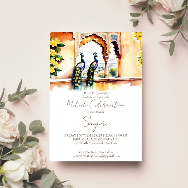 Mehndi Indian bröllop fredsocks på Jaipur palace Inbjudningar (Peacocks at Jaipur palace modern watercolor Mehndi Indian wedding template invitation download)