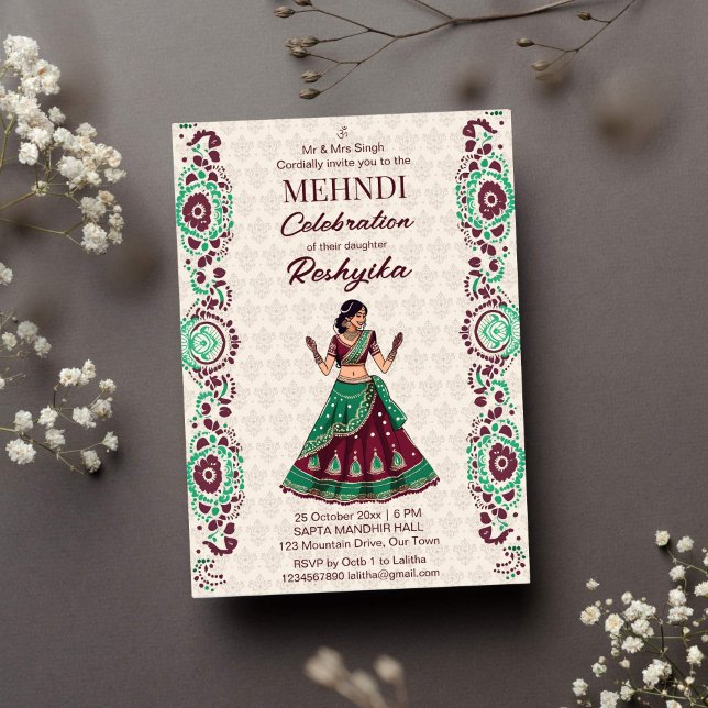 Mehndi Indian bröllop gullbrud burgundy grönt Inbjudningar (Mehndi Indian wedding template invitation instant download cute Indian bride henna party maroon)