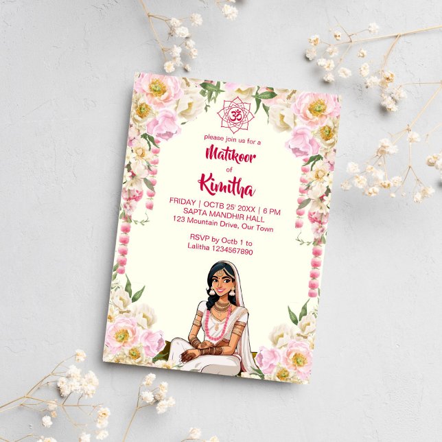 Mehndi Indian bröllop gullbrud i elfenbensrosa Inbjudningar (Matikoor Haldi Mehndi Indian wedding cute bride in ivory pink Invitation template digital download)