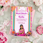 Mehndi Indian bröllop gullbrud i rosa Inbjudningar<br><div class="desc">Mall från Mehndi Indian bröllop bjuds in till omedelbar nedladdning med en söt tecknad i blommigtar för rosa och rosa.</div>