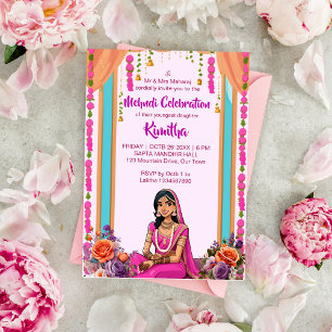 Mehndi Indian bröllop gullbrud i rosa Inbjudningar