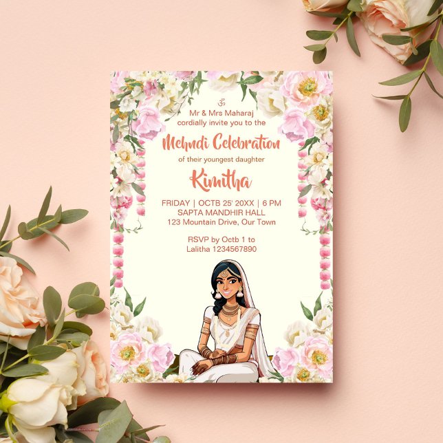 Mehndi Indian bröllop gullbrud i rosa Inbjudningar (Mehndi henna Indian wedding cute bride in ivory white Invitation editable template digital download)
