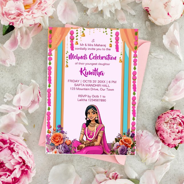Mehndi Indian bröllop gullbrud i rosa Inbjudningar (Mehndi Indian wedding template invitation instant download cute Indian bride dressed in pink cartoon)