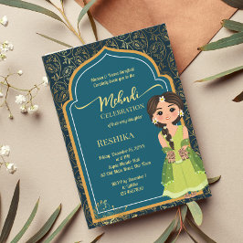 Mehndi Indian paisley teal grönt söt indiansk brud Inbjudningar