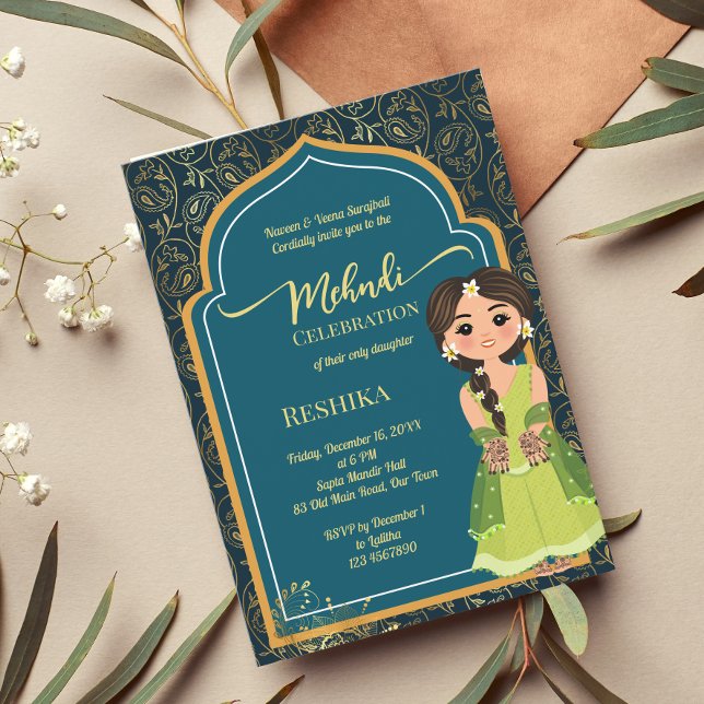 Mehndi Indian paisley teal grönt söt indiansk brud Inbjudningar (Skapare uppladdad)