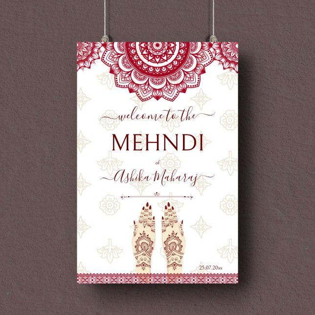 Mehndi indisk bröllops- maroon mandalas välkomstsk poster (Skapare uppladdad)