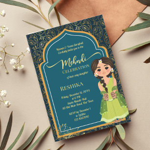 Mehndi indisk paisley turkos grön söt indisk brud inbjudningar