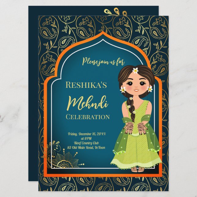 Mehndi indiska arabiska mönster design tealgrön (Fram/baksida)