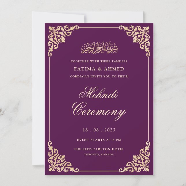 Mehndi Lila Guld islamisk muslimsk Bröllop Inbjudningar (Framsida)