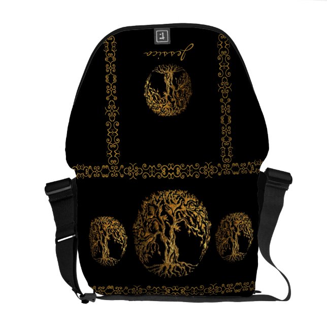 Mehndi Livets träd (Guld) Messenger Bag (Öppen Baksida)