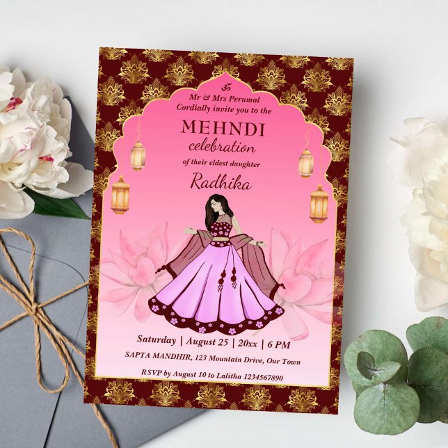 Mehndi maroon rosa guld lotus Indian bride Inbjudningar (Mehndi maroon and gold pink dancing Indian bride invitation template lotus oriental pattern arch)